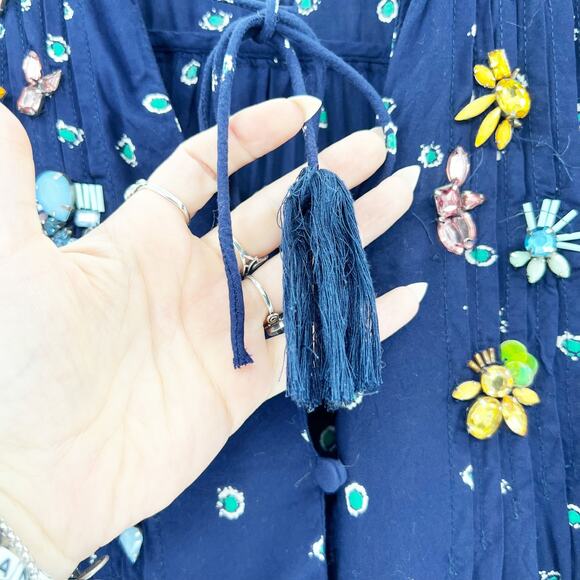 Vanessa Virginia Anthro Blue Long Sleeve Floral‎ Jeweled Top Blouse 12 - Picture 4 of 8